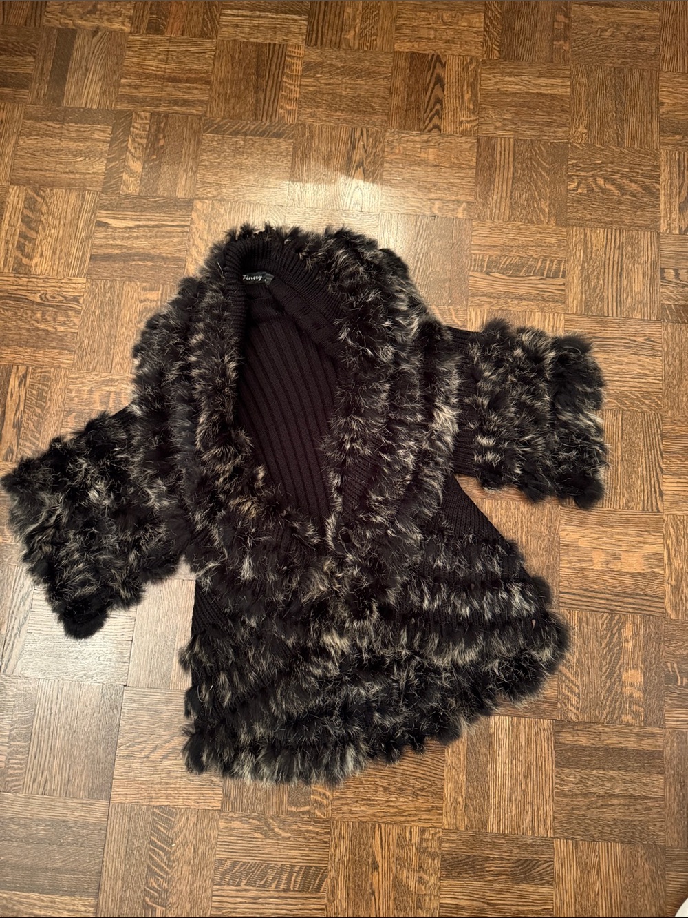 Genuine Fur Trim Black Knit Women's cardigan shrug